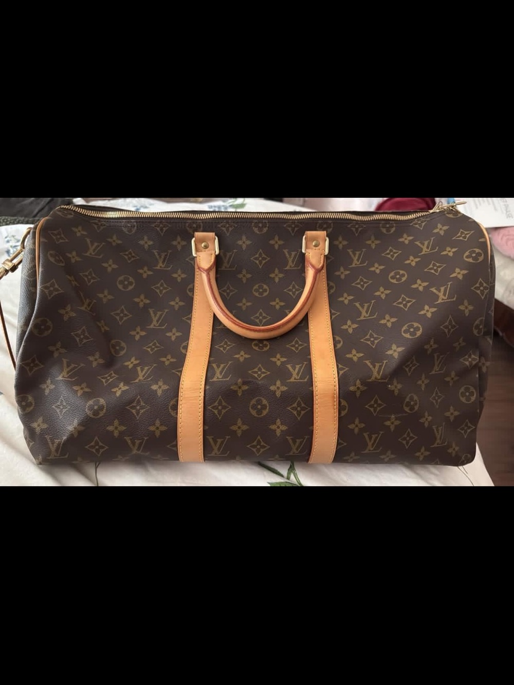 Louis Vuitton Monogram Canvas Travel Duffel with Tan Leather Trim